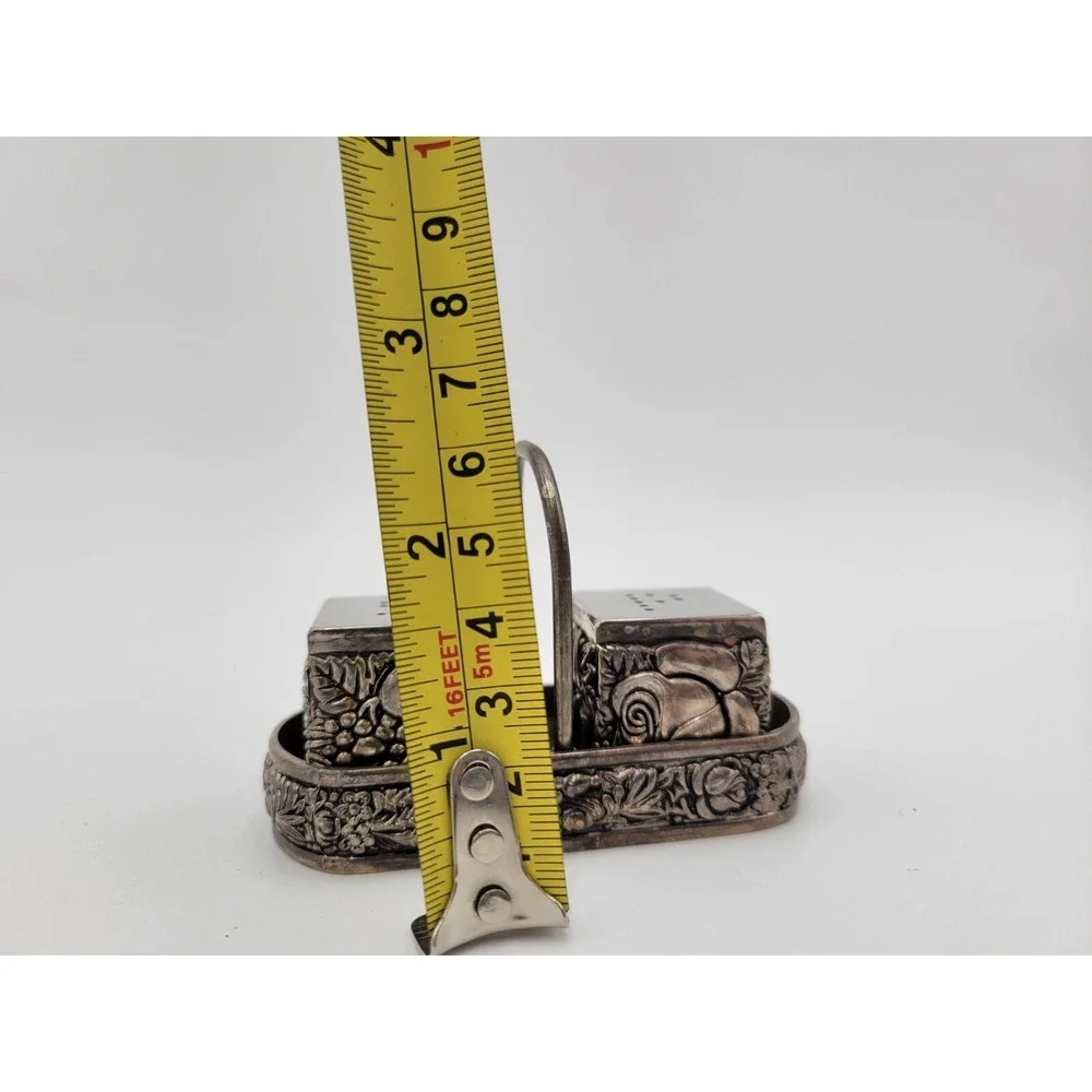 Vintage silver plated salt and pepper‎ shakers cube with tray holder embossed